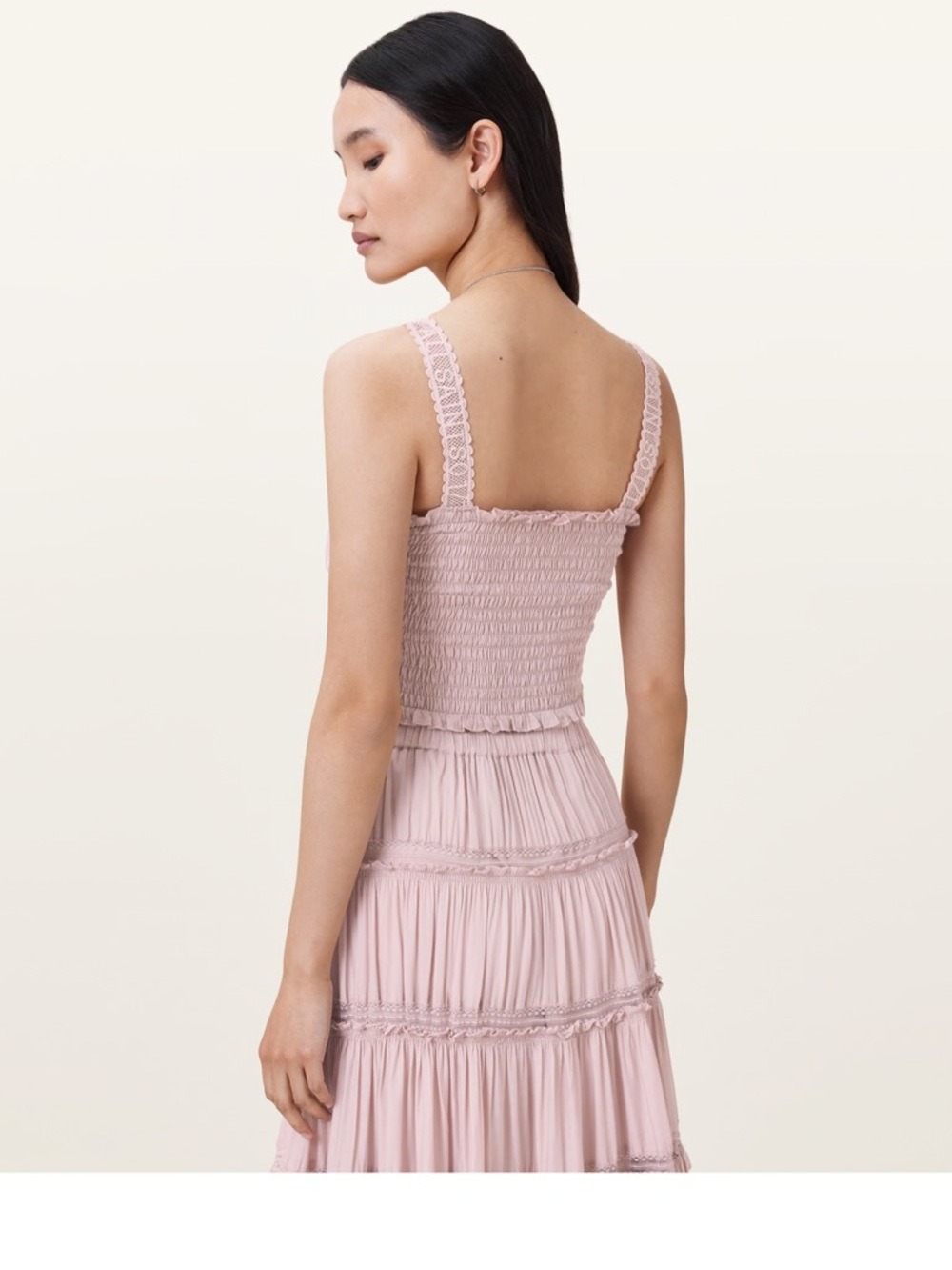 AllSaints Blush Pink Smocked Cropped Tank with Lace Straps | New | size 8 - Picture 3 of 6